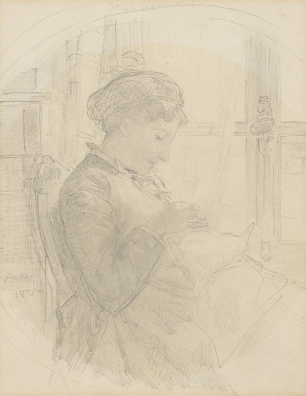 Donna che fa la maglia davanti a una finestra da Albert Anker