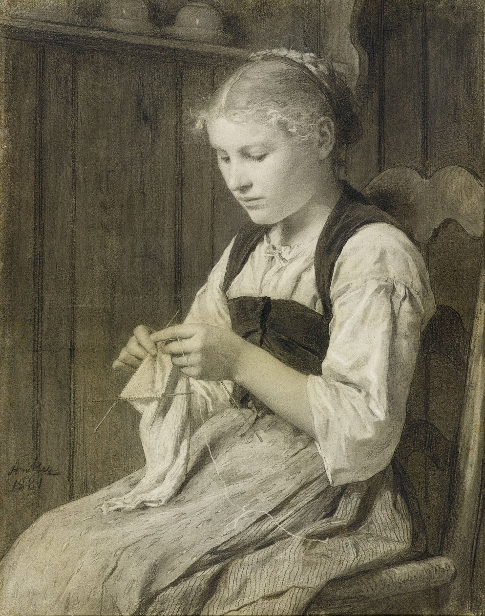 Ragazza che fa la maglia da Albert Anker