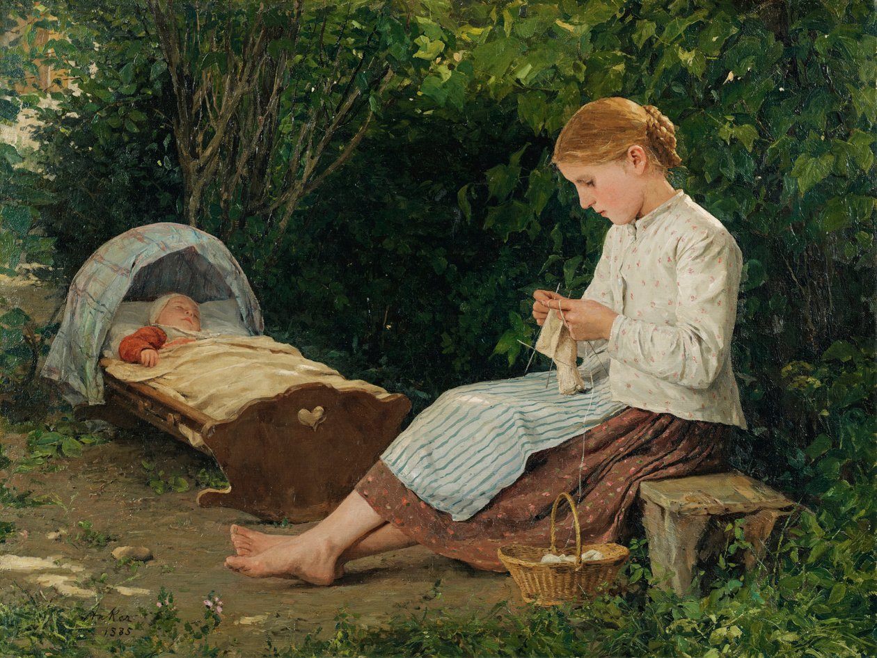 Ragazza che fa la maglia, sorvegliando un bambino nella culla da Albert Anker