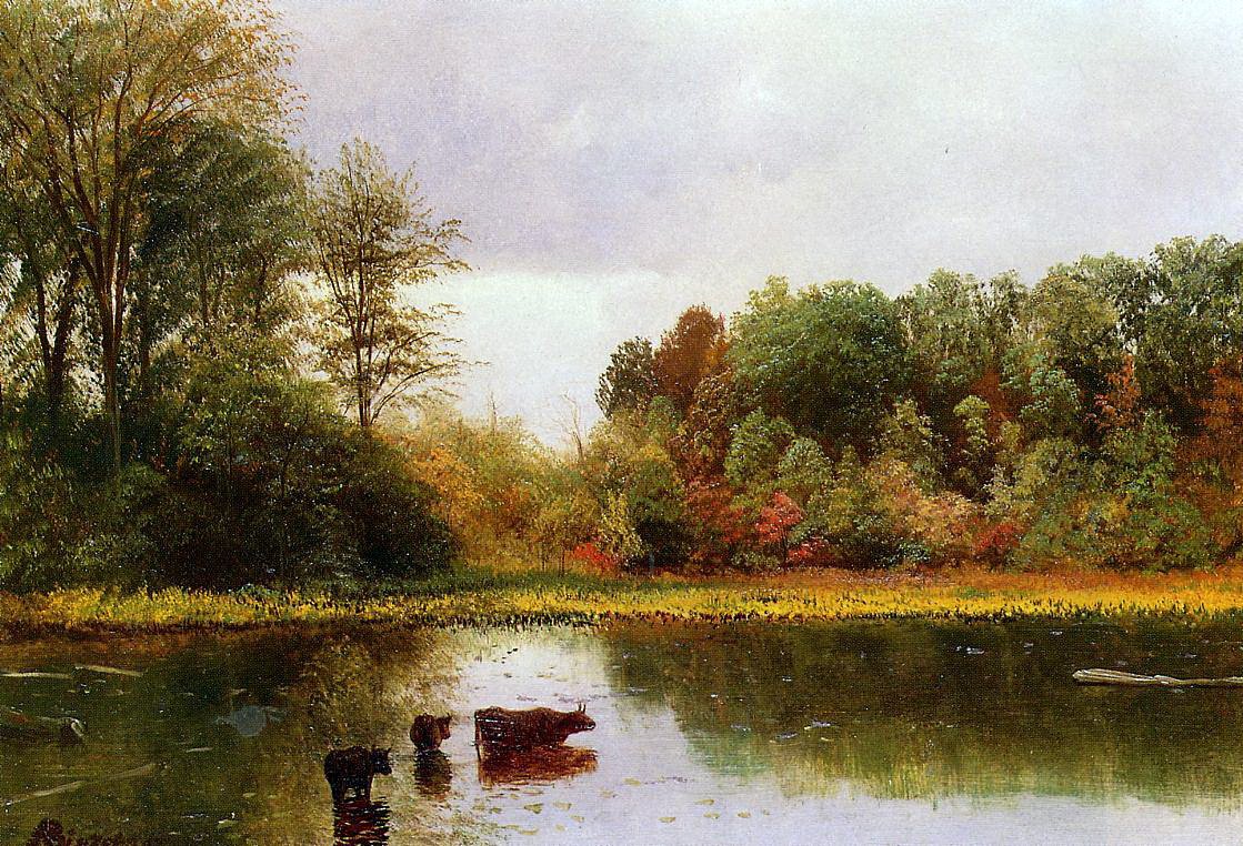Mucche che si abbeverano in un paesaggio da Albert Bierstadt