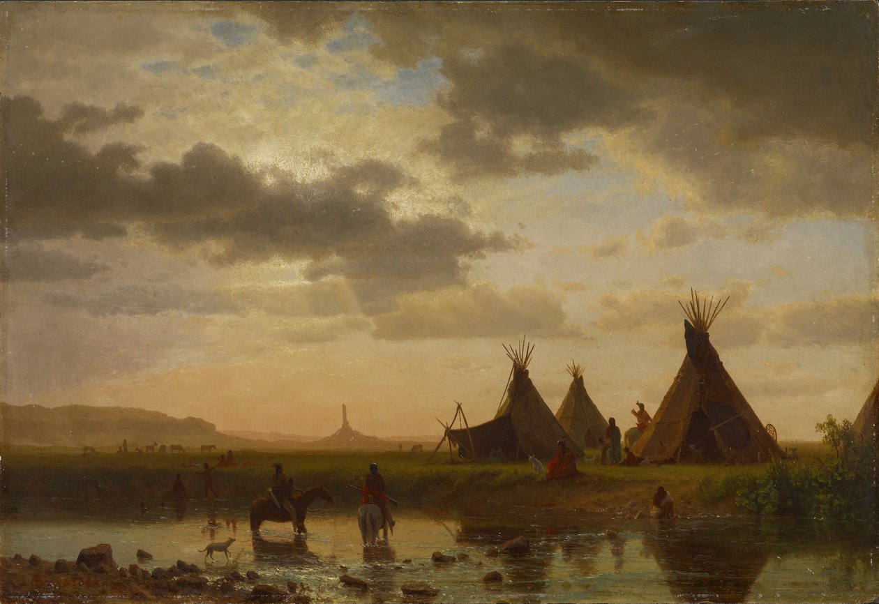 Vista di Chimney Rock, villaggio Sioux Ohalilah in primo piano da Albert Bierstadt