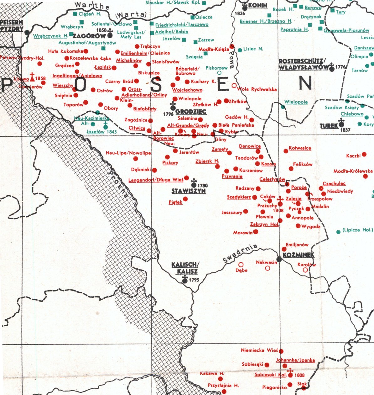 Insediamenti nel 1938 tra Kalisch, Władysławów e Turek nel 1938 da Albert Breyer