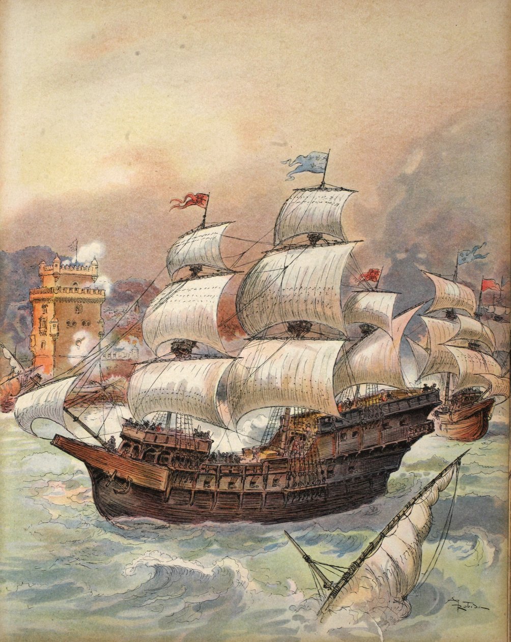 La flotta di Jean Ango blocca il Tago e minaccia Lisbona, illustrazione da 