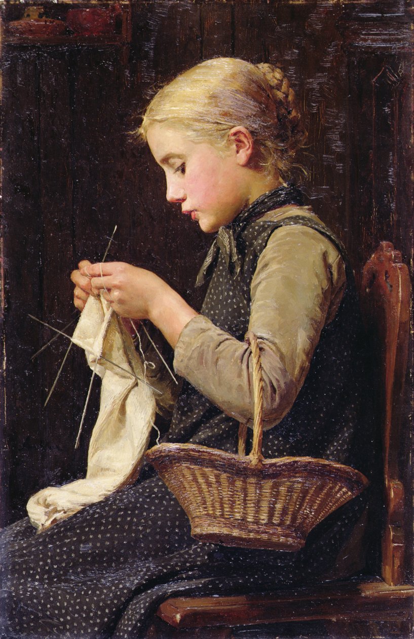 Ragazza che fa la maglia da Albert Anker