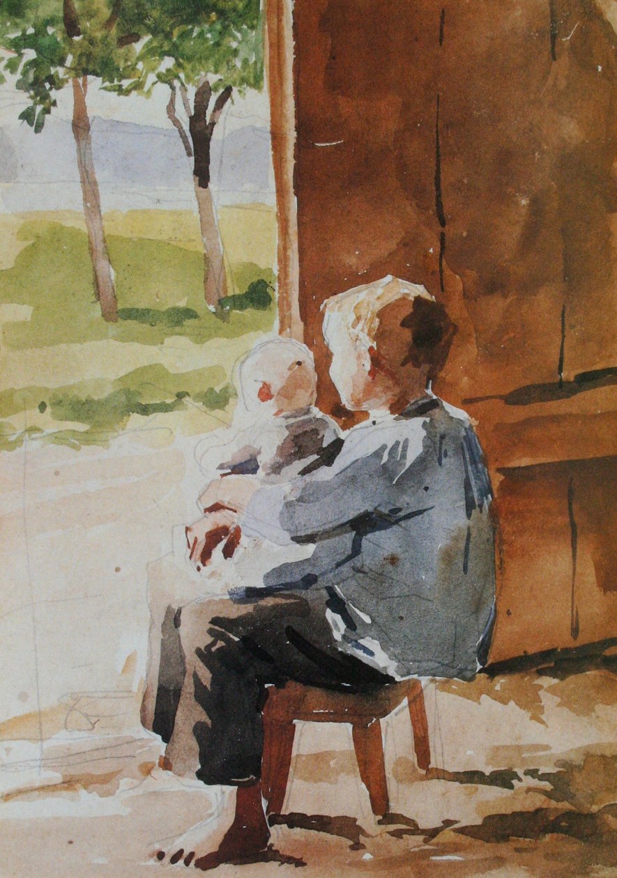 Giovane ragazzo che porta in grembo un bambino da Albert Anker
