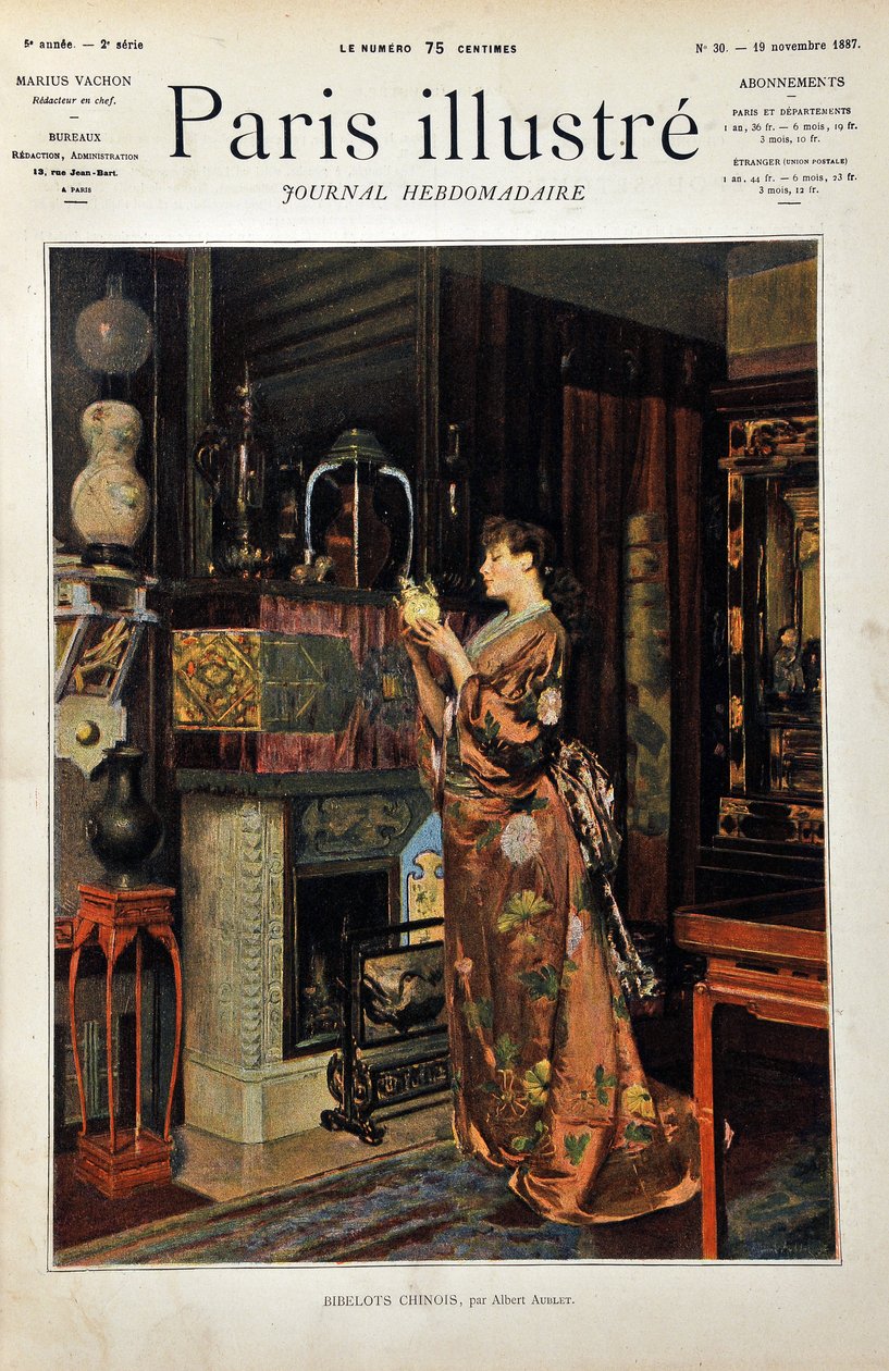 Cianfrusaglie cinesi. Una donna europea vestita in stile orientale osserva la sua collezione di oggetti cinesi. Illustrazione di Albert Aublet (1851-1938). Incisione del 1887 in "Paris-Illustrous journal weekly" da Albert Aublet