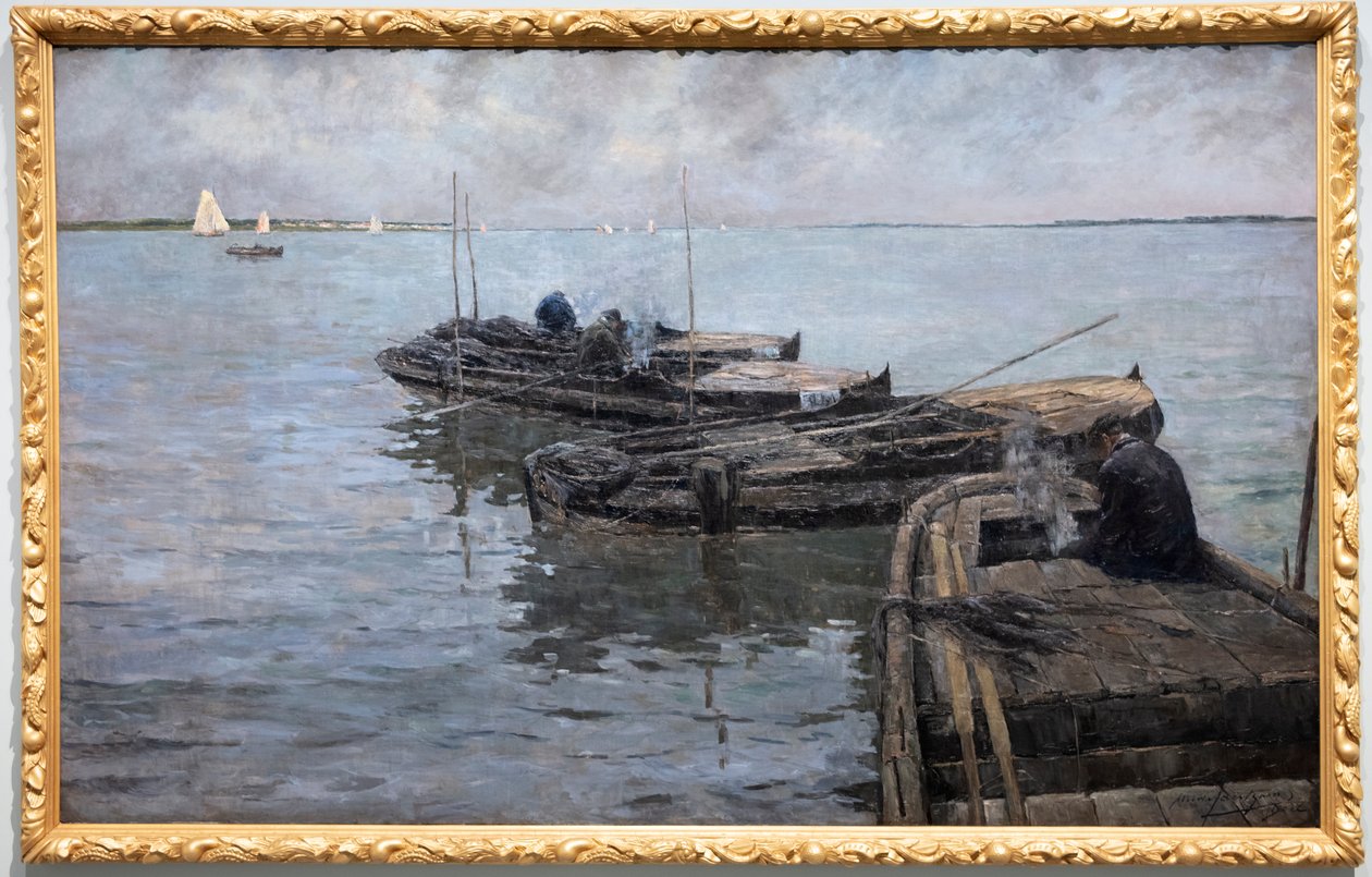 Sulla Schelda inferiore, ultimi raggi, pescatori ancorati da Albert Baertsoen
