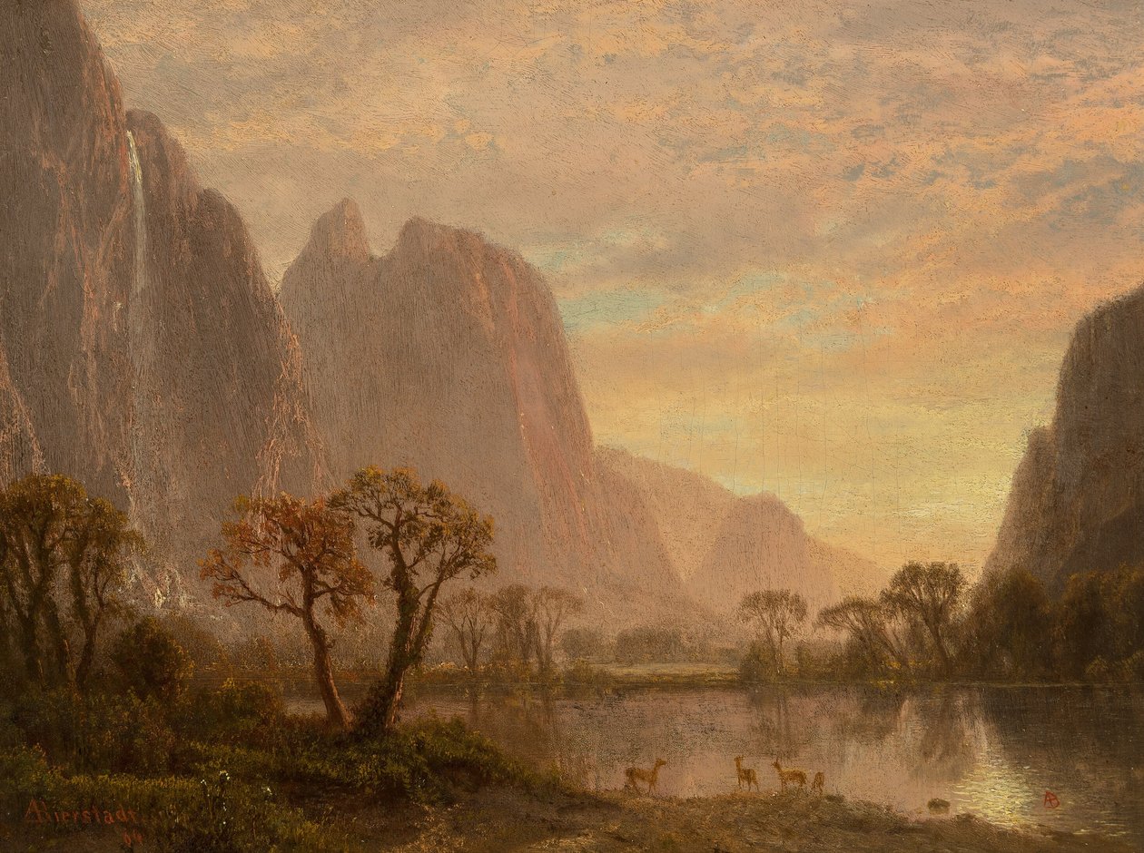 Cascate Sentinel e Cathedral Peaks nella valle dello Yosemite da Albert Bierstadt