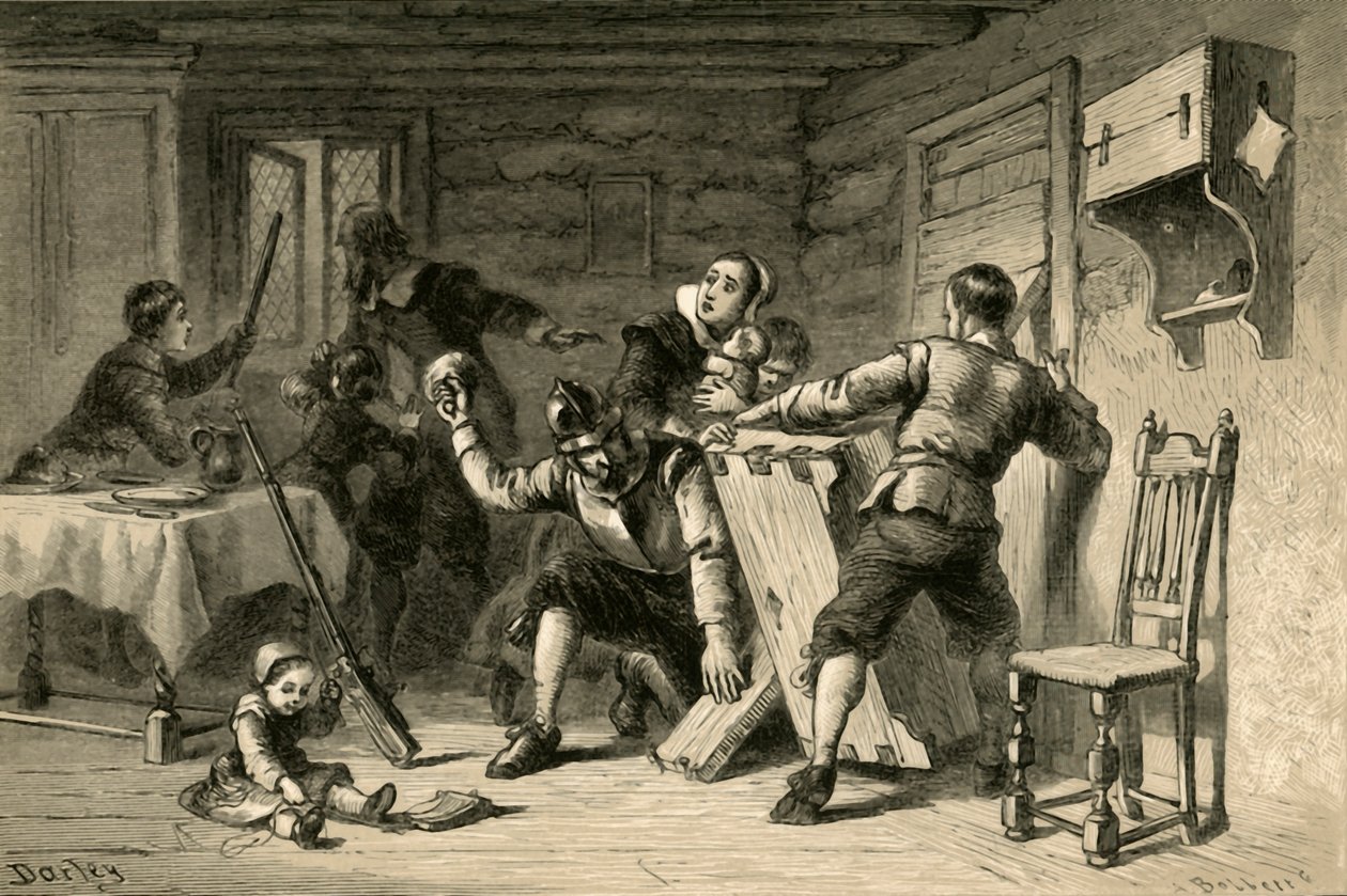 Puritani che barricano la loro casa contro gli indiani, 1877 da Albert Bobbett