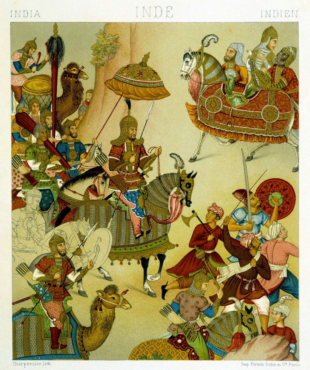 Abiti da guerra del XVI secolo in India. Tavola cromolitografica - in "Le costume historique" di Racinet da Albert Charles August Racinet
