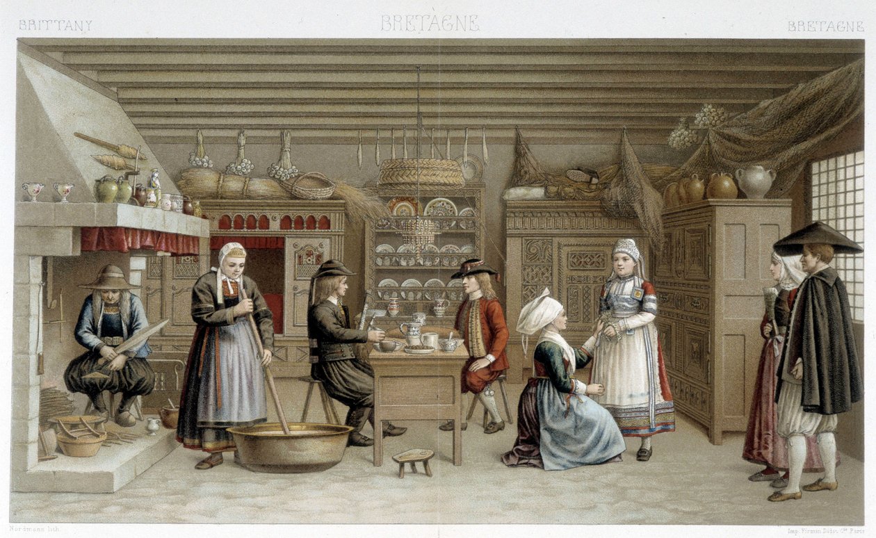 Costumi bretoni del XIX secolo e interni - in "Il costume storico" di Racinet da Albert Charles August Racinet