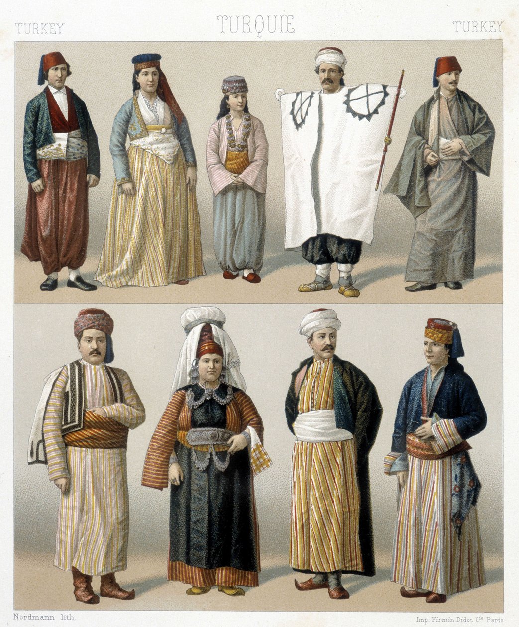 Costumi turchi del XIX secolo. Illustrazione in "Il costume storico" di Racinet da Albert Charles August Racinet