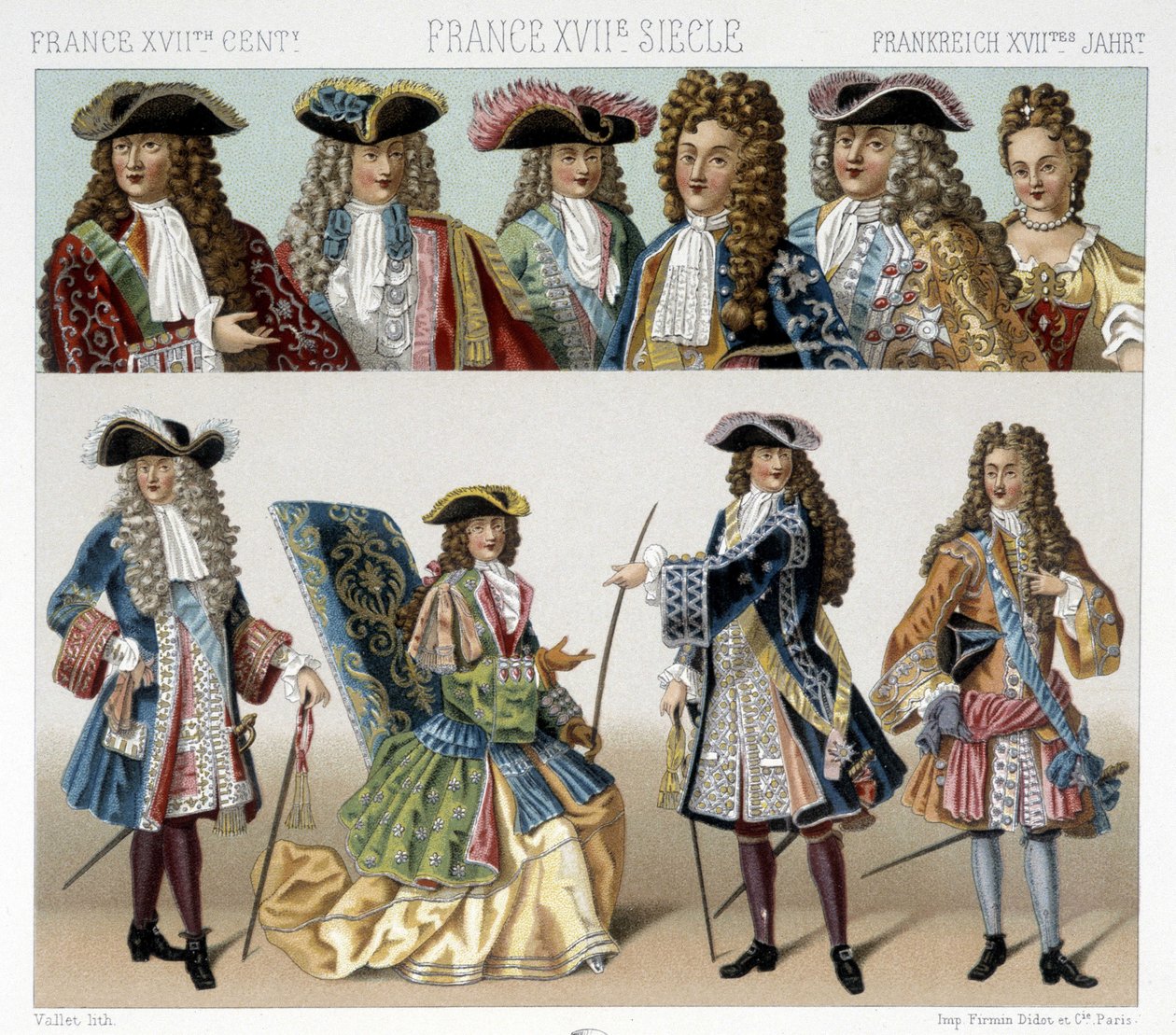 Costumi e acconciature della nobiltà francese nel XVIII secolo. Illustrazione in "Il costume storico" di Racinet da Albert Charles August Racinet