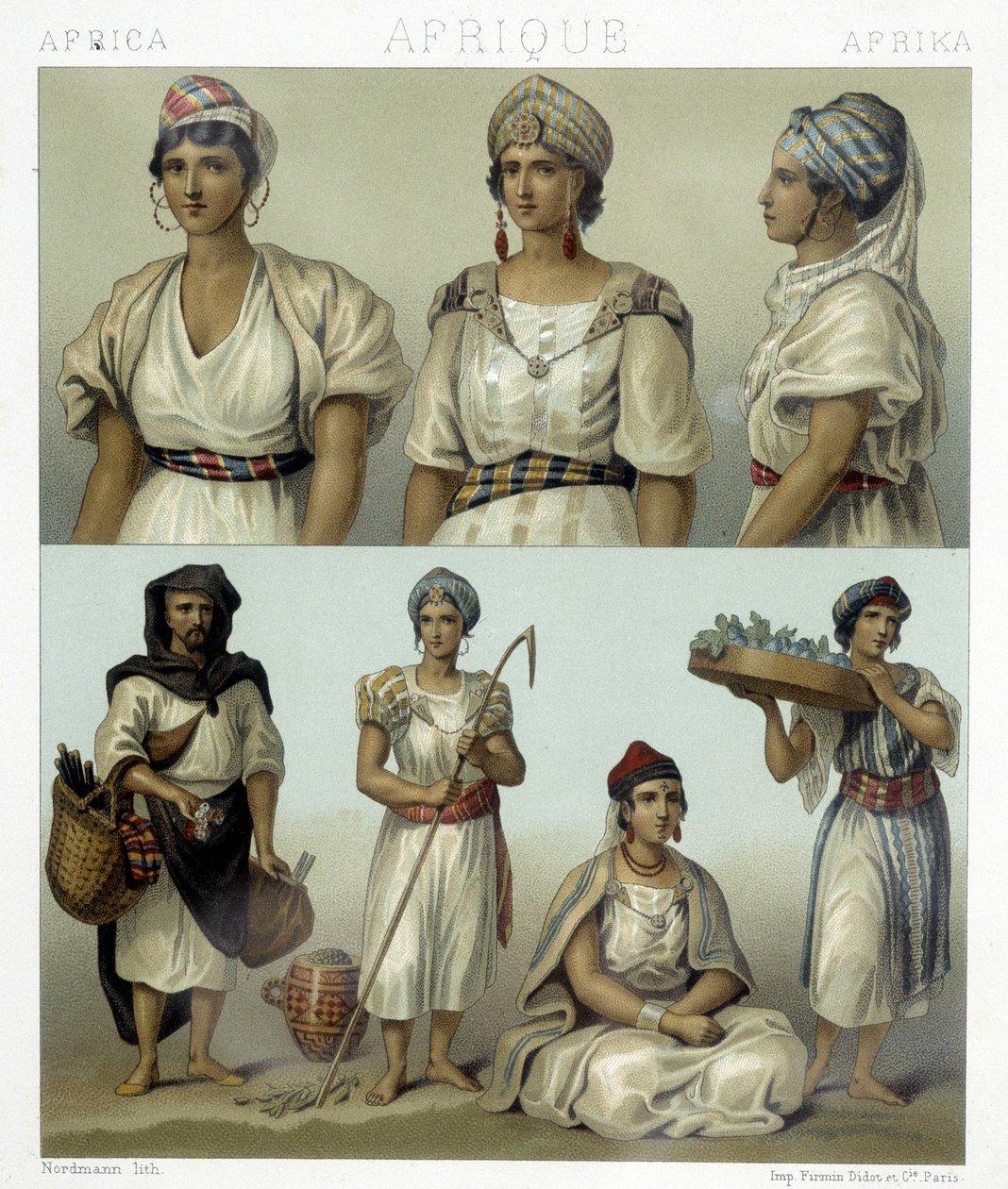 Costumi e copricapi delle donne kabyle (parte superiore). Costumi tunisini e algerini (parte inferiore). Illustrazione in "Il costume storico" di Racinet da Albert Charles August Racinet