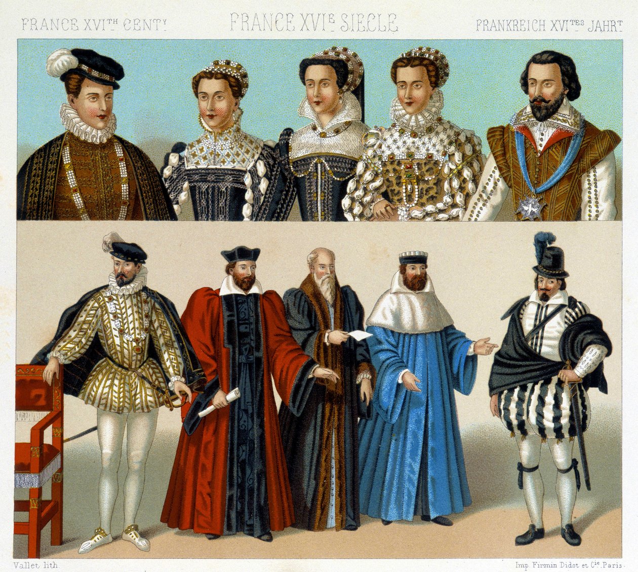 Costumi di nobili e magistrati in Francia nel XVII secolo. Tavola cromolitografica - in "Le costume historique" di Racinet da Albert Charles August Racinet