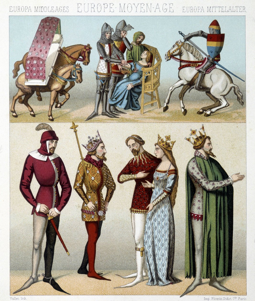 Costumi del Medioevo in Francia. Illustrazione in "Le costume historique" di Racinet da Albert Charles August Racinet