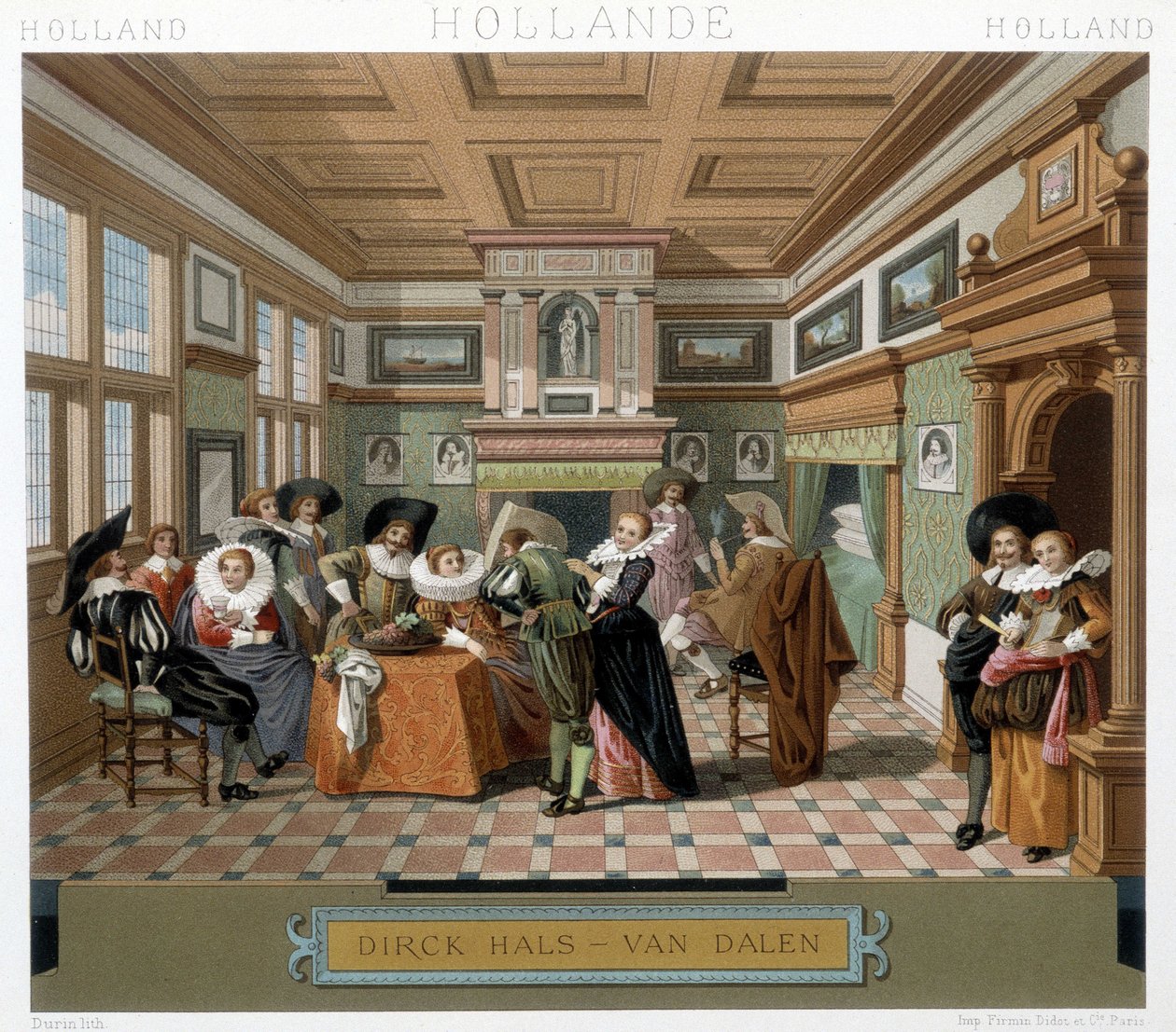 Olandesi in costumi e in un interno del XVIII secolo. Illustrazione in "Le costume historique" di Racinet da Albert Charles August Racinet
