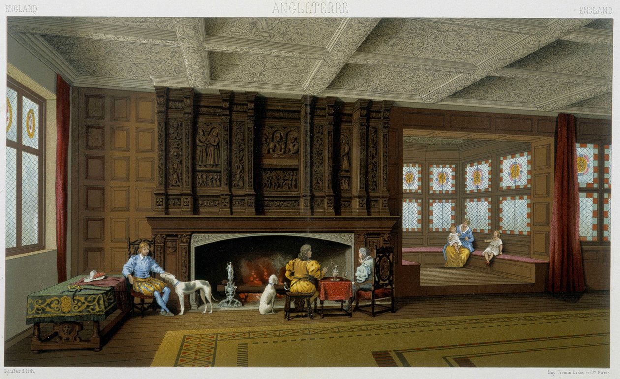 Signore inglese e la sua famiglia nella sua casa del XVII secolo. Tavola cromolitografica - in "Il costume storico" di Racinet da Albert Charles August Racinet
