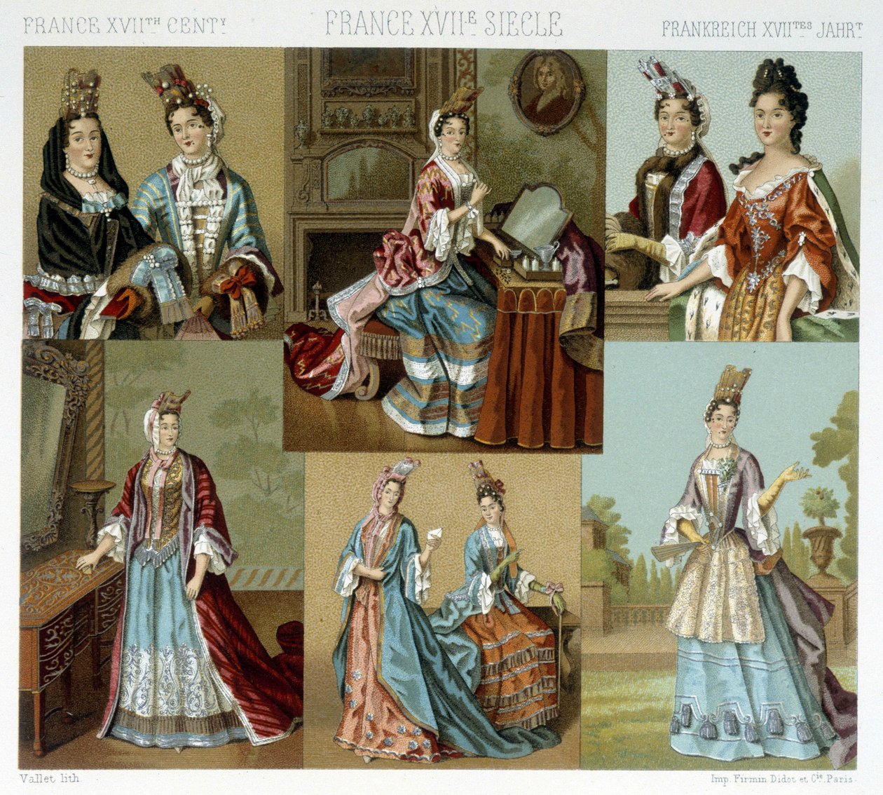 Moda e acconciature in Francia nel XVIII secolo - in "Le costume historique" di Racinet, fine XIX secolo da Albert Charles August Racinet