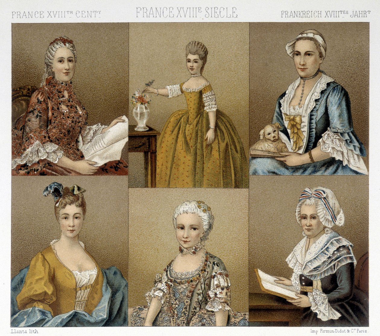 Moda femminile francese nel XVIII secolo. Illustrazione in "Le costume historique" di Racinet da Albert Charles August Racinet