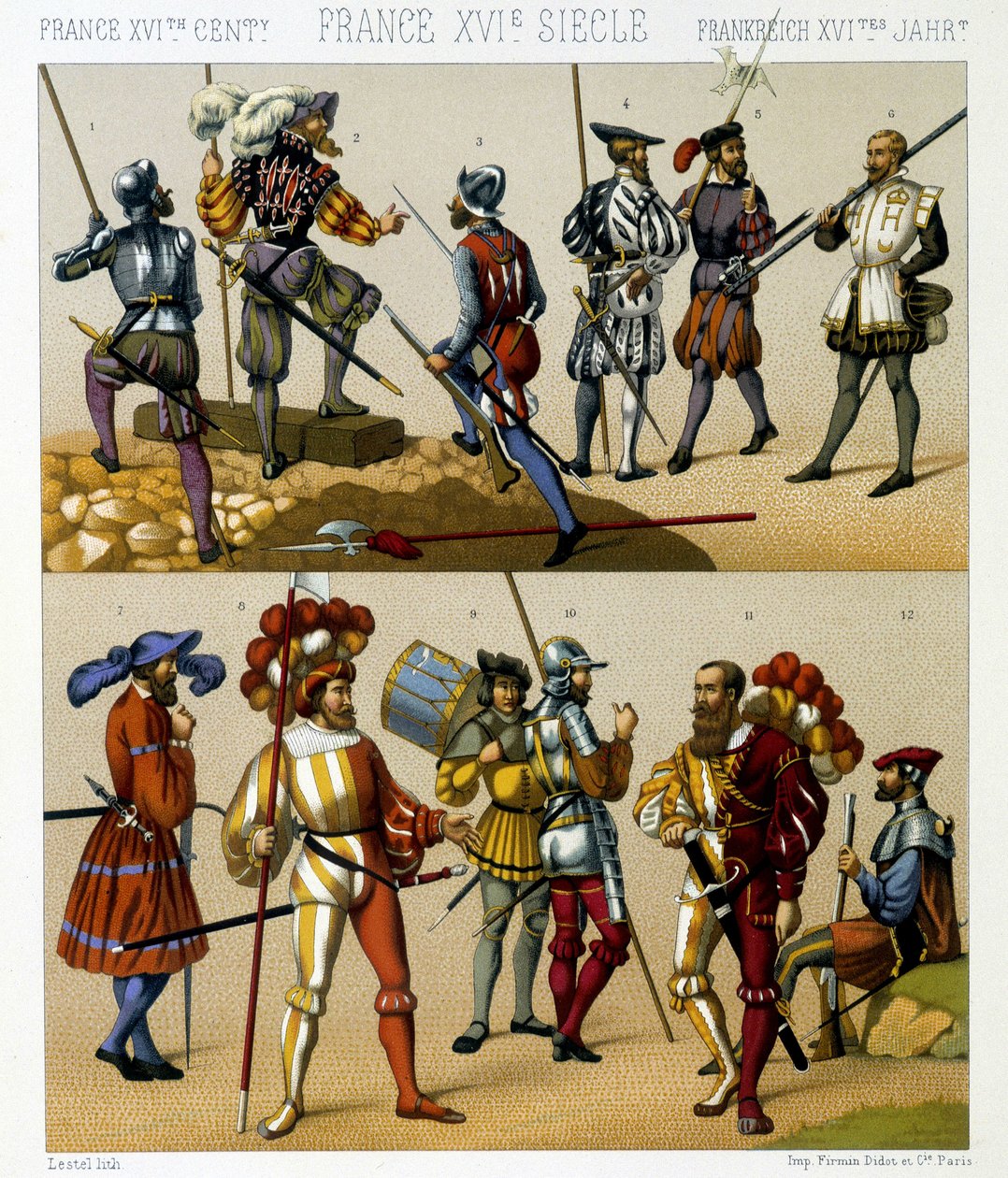Costumi militari francesi nel XVI secolo. Tavola cromolitografica - in "Le costume historique" di Racinet da Albert Charles August Racinet