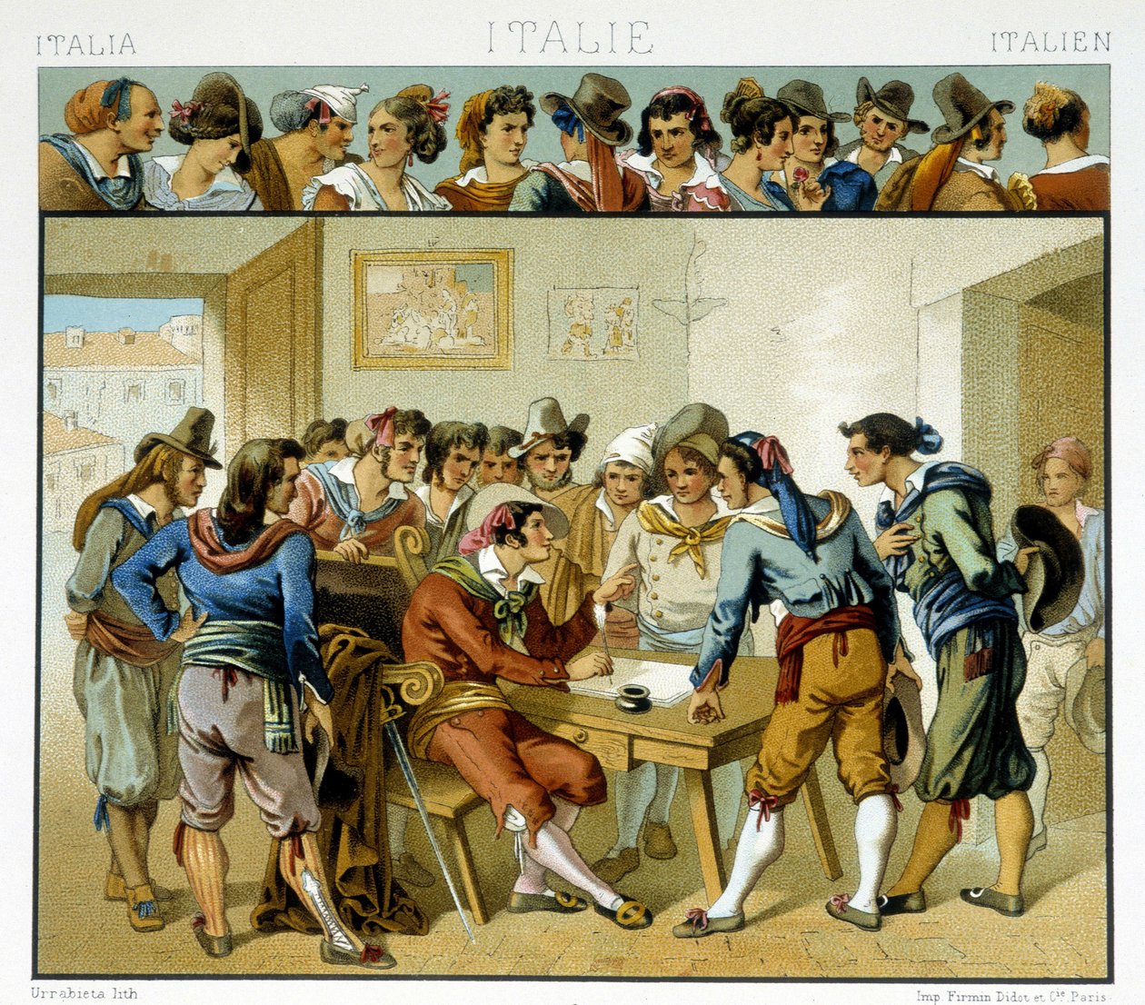 Gruppo di italiani intorno a uno scrittore rappresentato nei costumi popolari romani del XIX secolo. Tavola cromolitografica - in "Il costume storico" di Racinet da Albert Charles August Racinet
