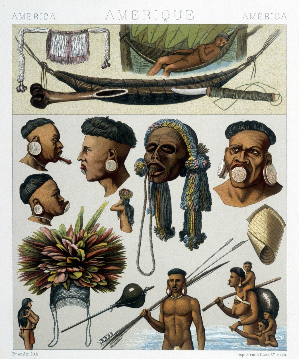 Popoli indigeni del Brasile e del Paraguay. Illustrazione in "Il costume storico" di Racinet da Albert Charles August Racinet