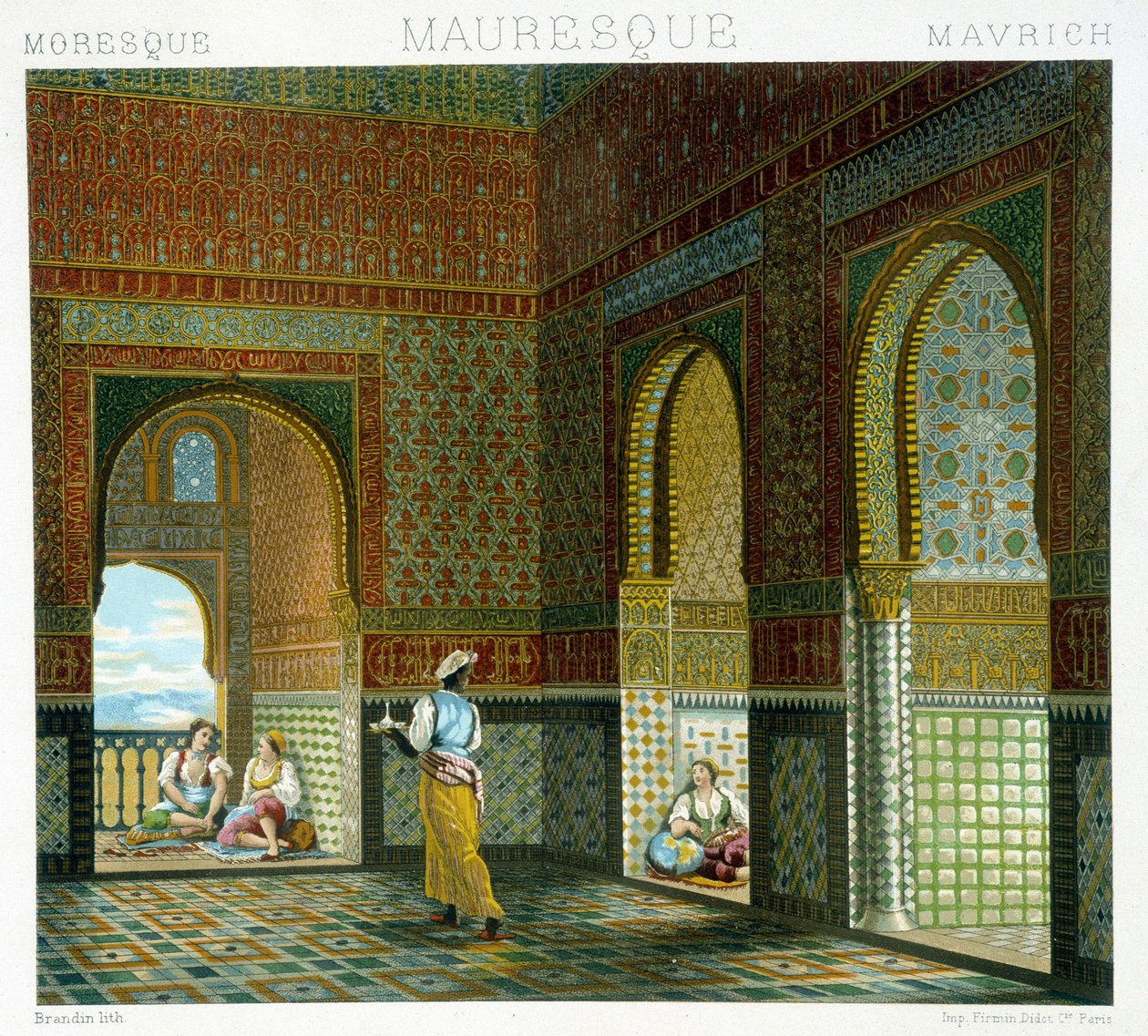 Interno di una casa moresca (Alhambra, stanza della Benedizione). Cromolitografia - in "Le costume historique" di Racinet da Albert Charles August Racinet