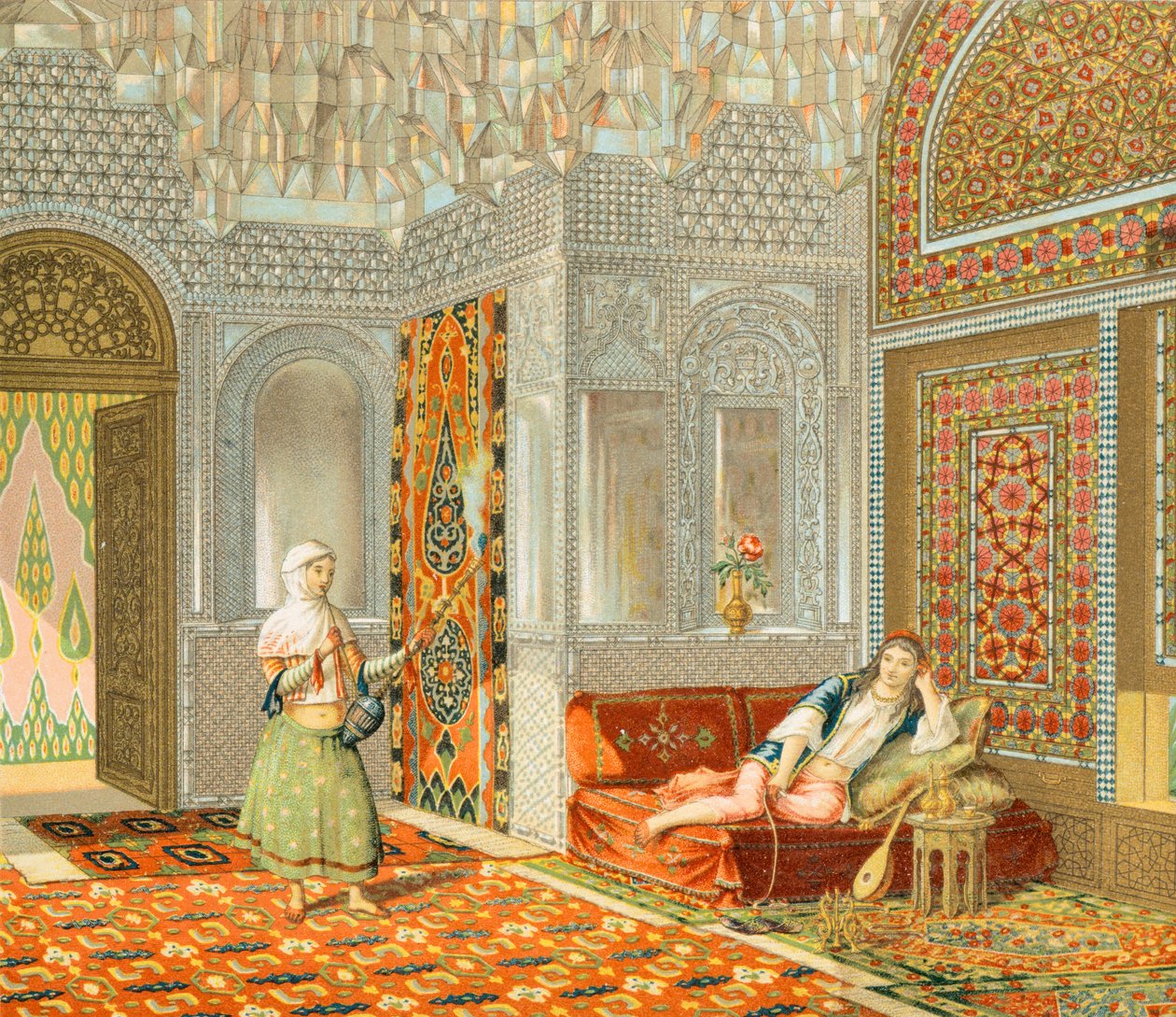 Interno di una stanza persiana, Illustrazione da Storia Completa del Costume di Auguste Racinet da Albert Charles August Racinet