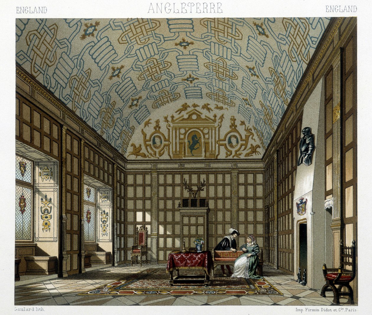 Interno di una casa signorile in Inghilterra nel XVII secolo. Illustrazione in "Il costume storico" di Racinet da Albert Charles August Racinet