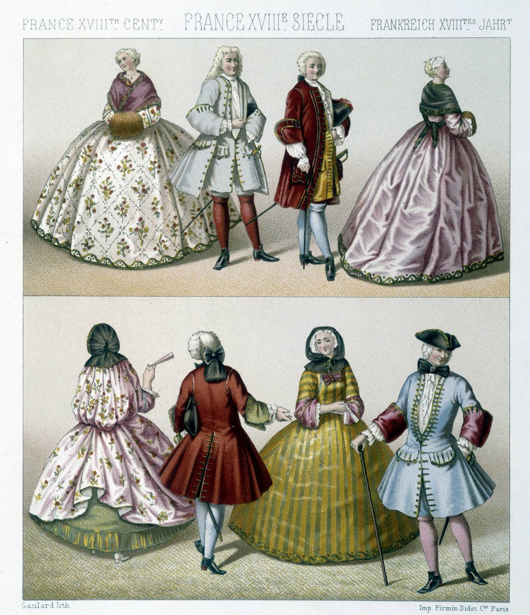 Uomini e donne con costumi alla moda del XVIII secolo in Francia. Illustrazione in "Le costume historique" di Racinet da Albert Charles August Racinet