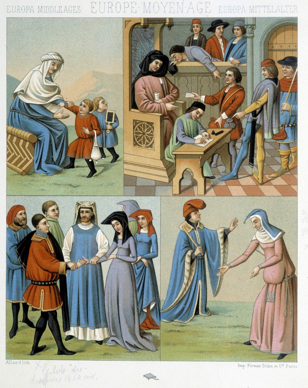 Medioevo: madre e figli, un tribunale, un matrimonio - in "Il costume storico" di Racinet da Albert Charles August Racinet