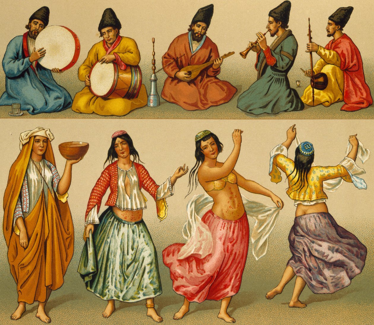 Musicisti e ballerini dalla Persia, litografia di Dambourget, da Le Costume historique da Albert Charles August Racinet