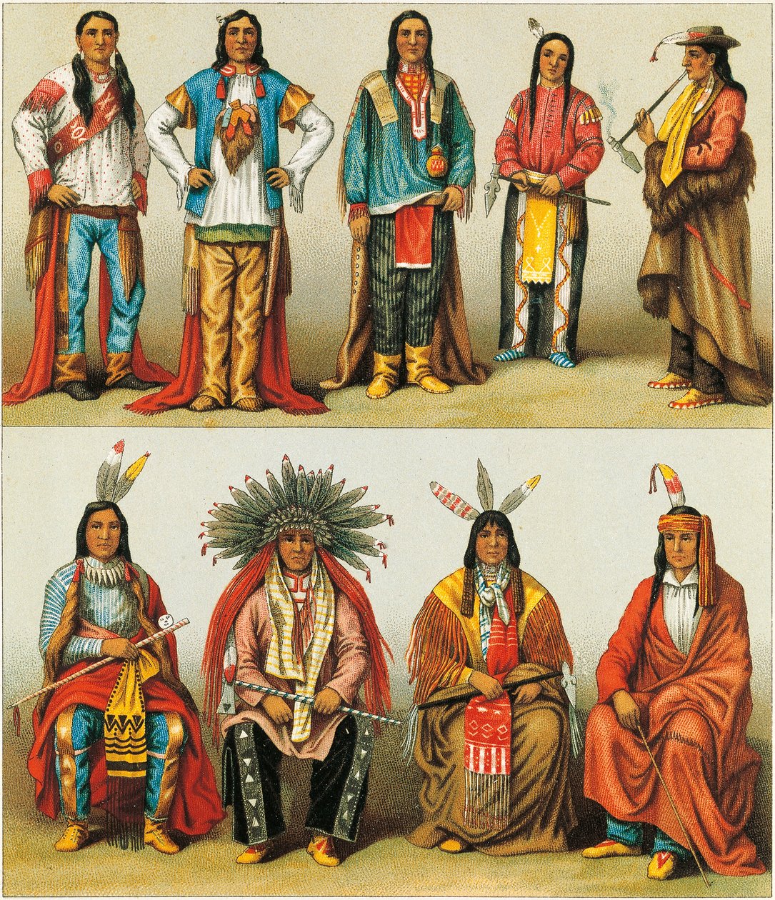 Nativi americani del Mississippi e Colorado, litografia di Nordmann e Sahn da Le Costume Historique, Volume 2 da Albert Charles August Racinet