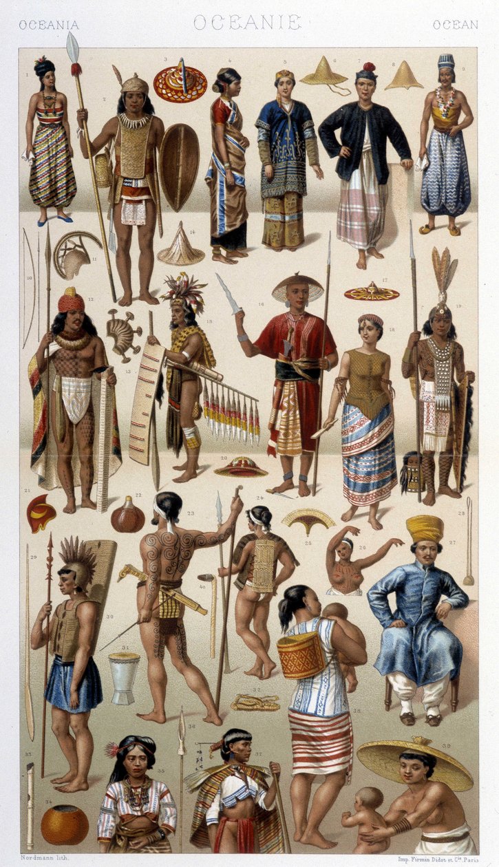 Popoli della Malesia e della Polinesia (Oceania). Illustrazione in "Le costume historique" di Racinet da Albert Charles August Racinet