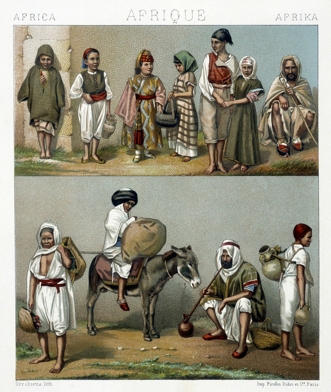 Costumi popolari di Algeria e Tunisia. Illustrazione in "Le costume historique" di Racinet da Albert Charles August Racinet