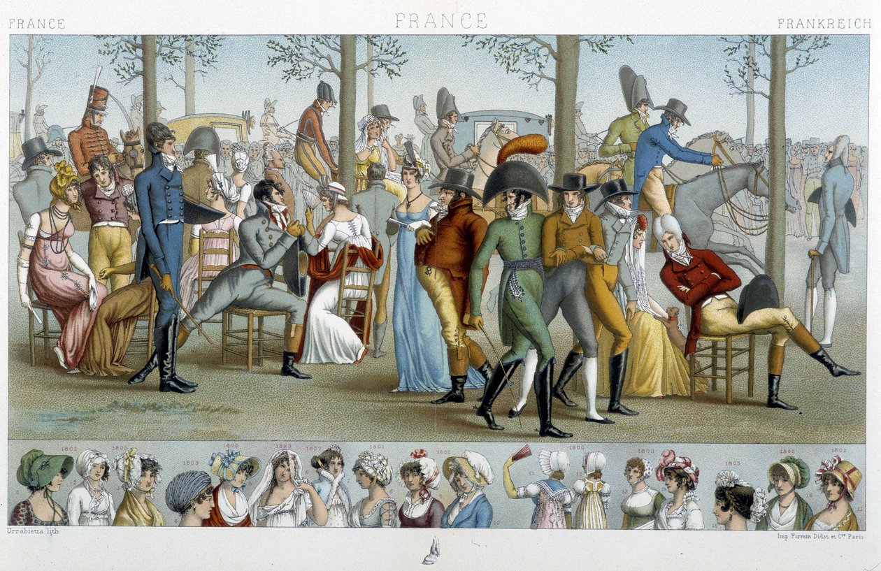 I borghesi che camminano verso Longchamp, inizio XIX secolo - in "Le costume historique" di Racinet da Albert Charles August Racinet
