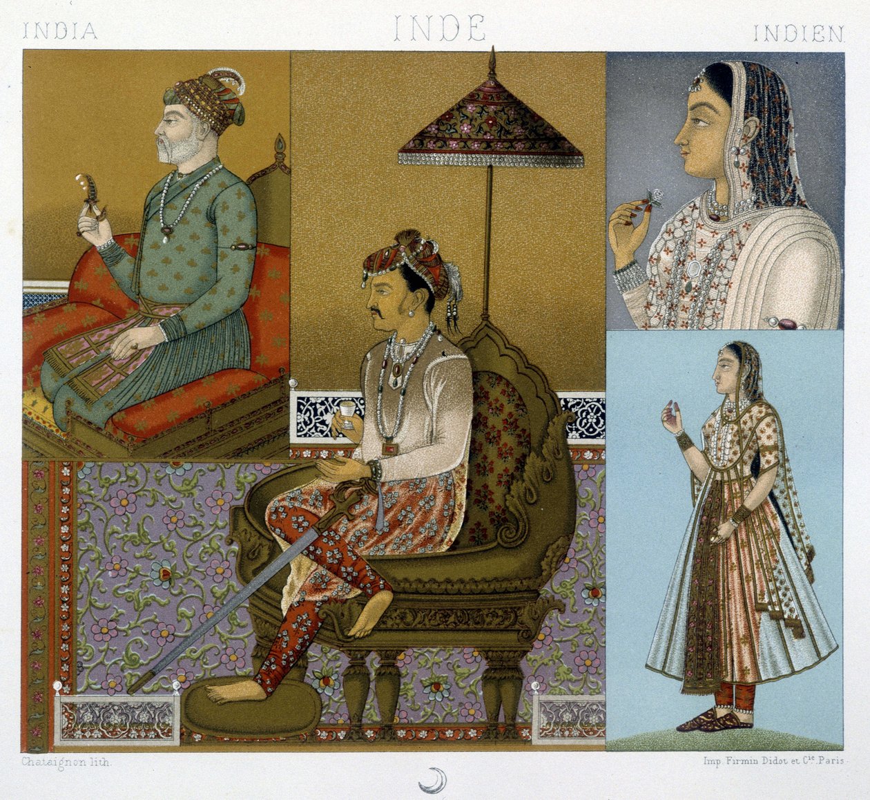 Costumi tradizionali dei Mogol e dei Maharajah in India - in “Le costume historique” di Racinet da Albert Charles August Racinet