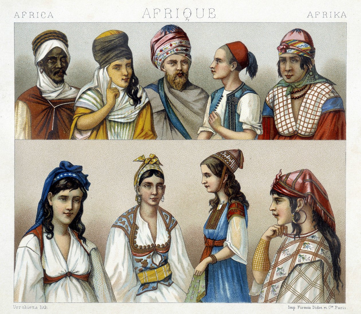 Costumi e copricapi tradizionali di uomini e donne in Algeria. Illustrazione in "Le costume historique" di Racinet da Albert Charles August Racinet