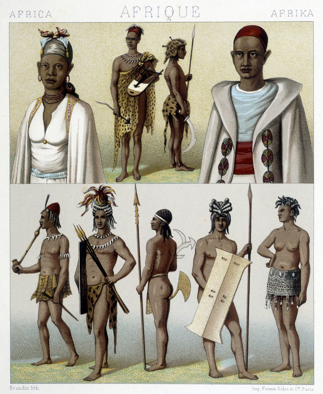 Costumi e gioielli tradizionali di Timbuktu e Alto Nilo. Illustrazione in “Le costume historique” di Racinet da Albert Charles August Racinet