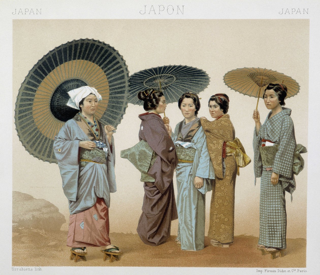 Costumi tradizionali delle donne giapponesi. Illustrazione in “Le costume historique” di Racinet da Albert Charles August Racinet