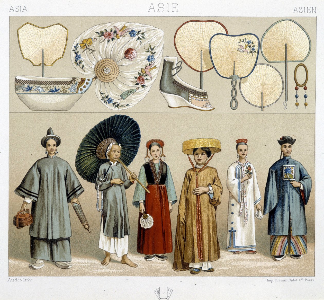 Vari costumi femminili in Cina: ventagli, scarpe... - in "Il costume storico" di Racinet da Albert Charles August Racinet