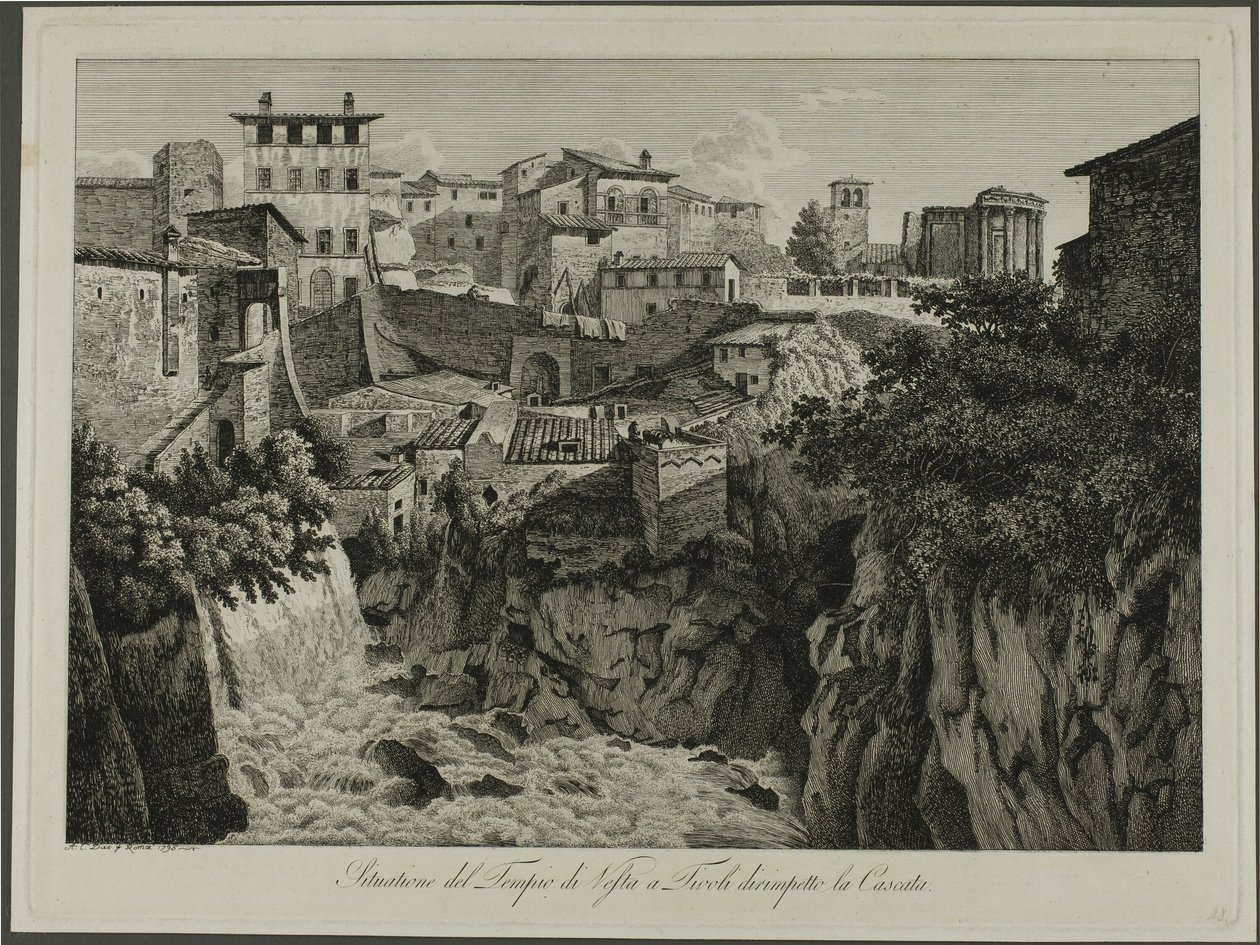 Scena del Tempio di Vesta a Tivoli di fronte alle Cascate da Albert Christoph Dies