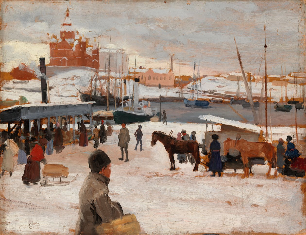 Giornata invernale nella piazza del mercato di Helsinki, studio; schizzo per “Giornata invernale nella piazza del mercato di Helsinki” da Albert Edelfelt