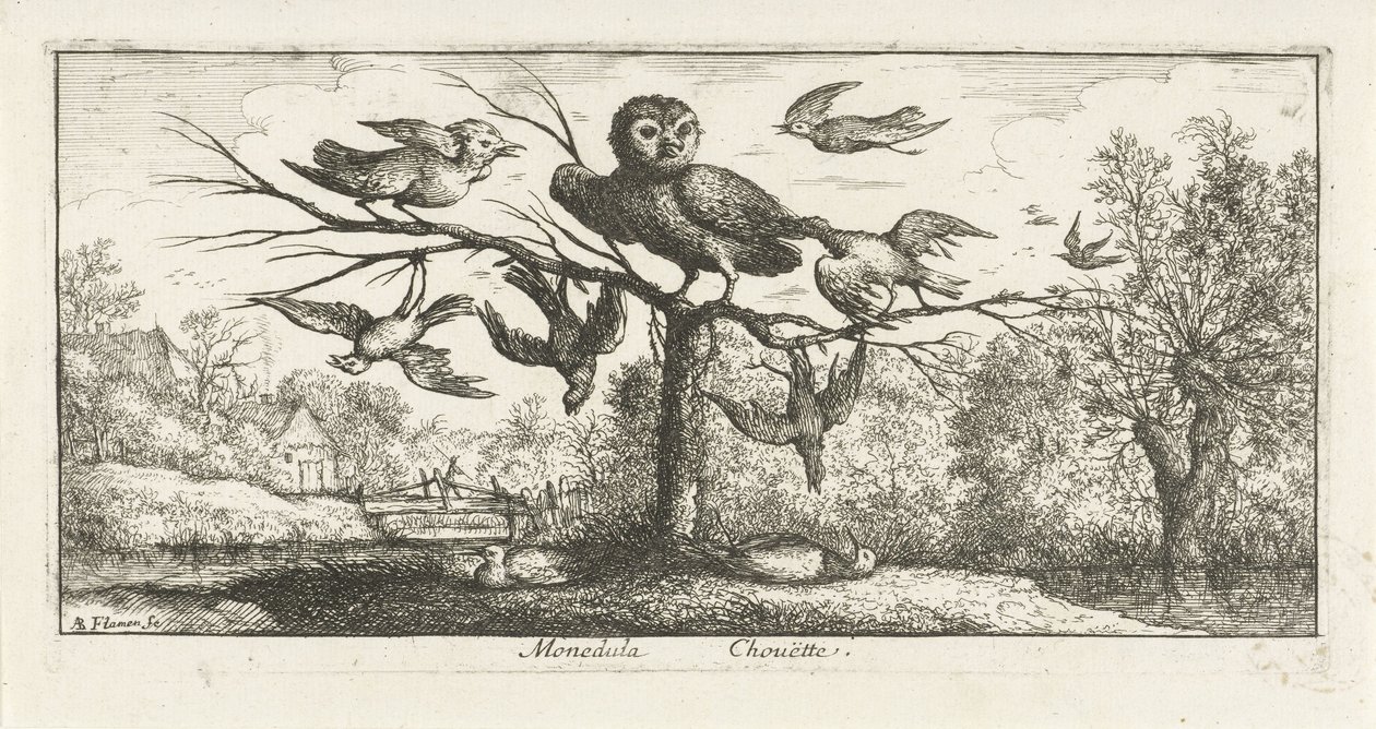 Paesaggio con gufo tra altri uccelli da Albert Flamen