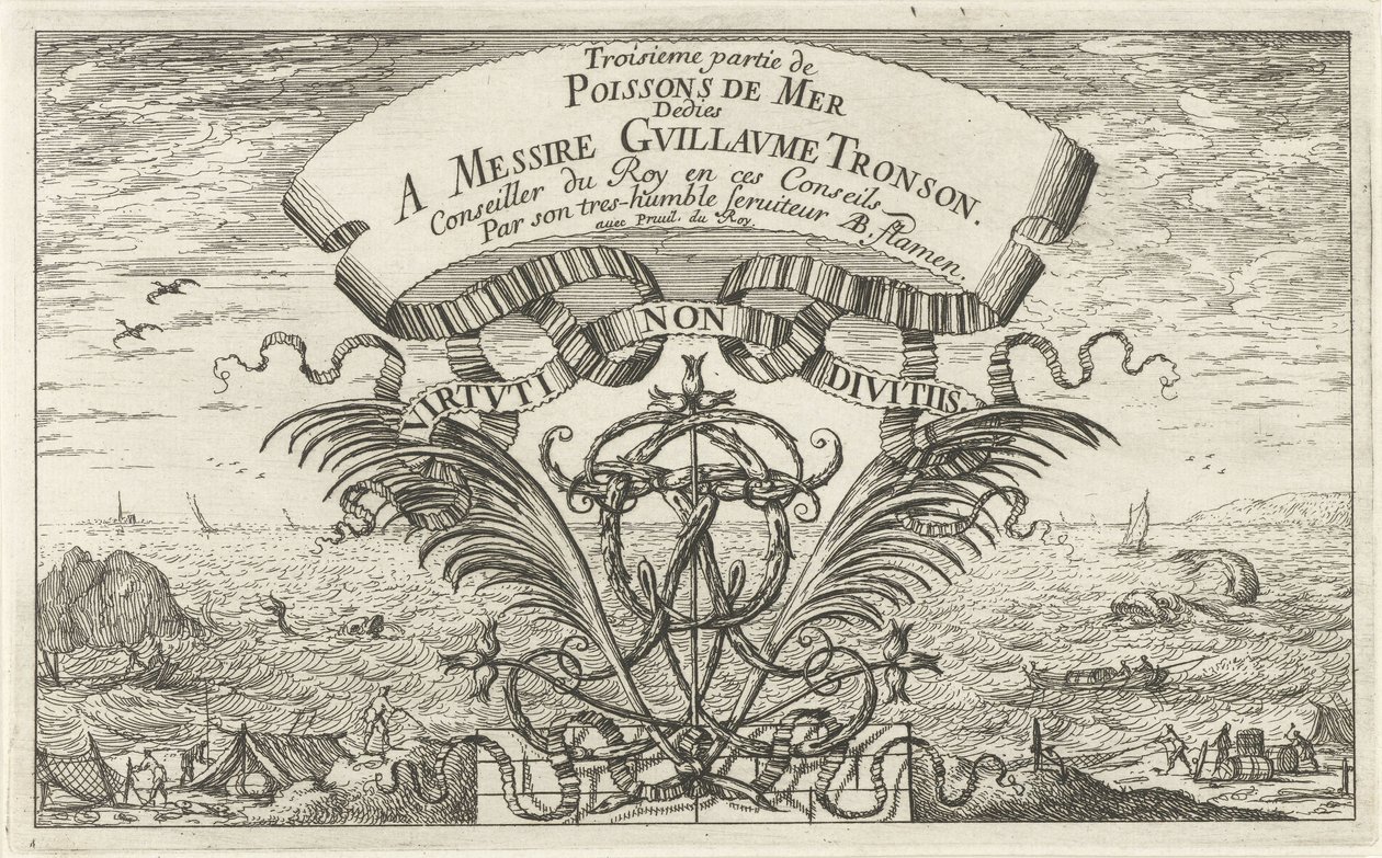 Veduta marina con arma ornamentale (serie: Pesci e altri animali marini - terza serie) da Albert Flamen