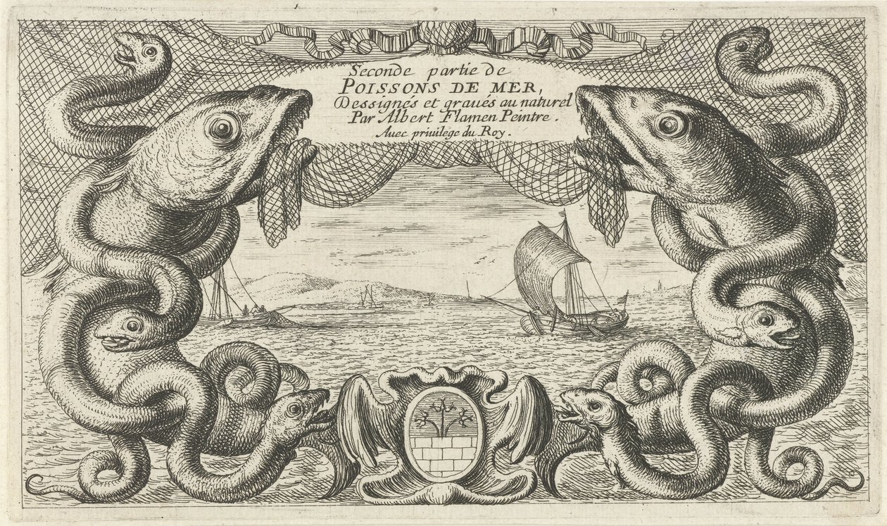 Veduta marina con bordo di animali marini e una rete da pesca da Albert Flamen
