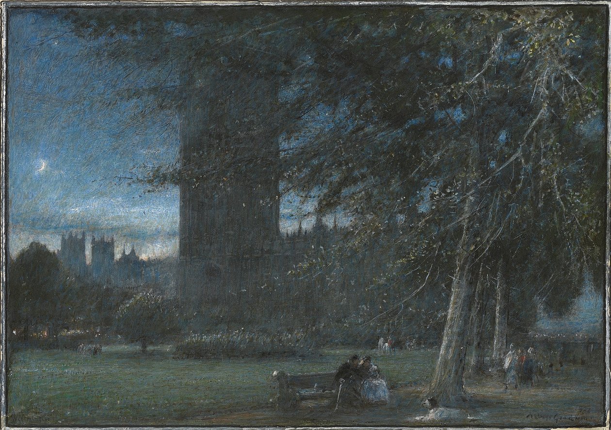Figure sotto il Palazzo di Westminster al tramonto da Albert Goodwin