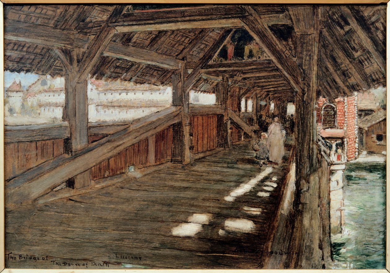 Il ponte della Danza dei Morti (Spreuerbrucke) a Lucerna. Dipinto di Albert Goodwin (1845-1932). Olio su tela. Collezione privata. da Albert Goodwin
