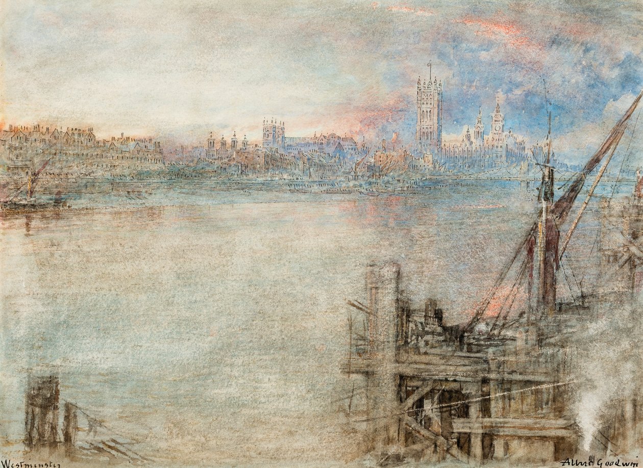 Westminster con il Palazzo del Parlamento al tramonto (penna e inchiostro nero e acquerello con graffi su carta) da Albert Goodwin